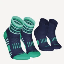 LotX2 De Chaussettes Running Confort Enfant - KIPRUN 500 Mid Marine Et Rayé Vert